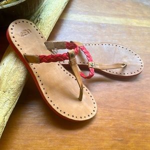 UGG Bria red/tan braided leather flip flop festival/boho. Size 9